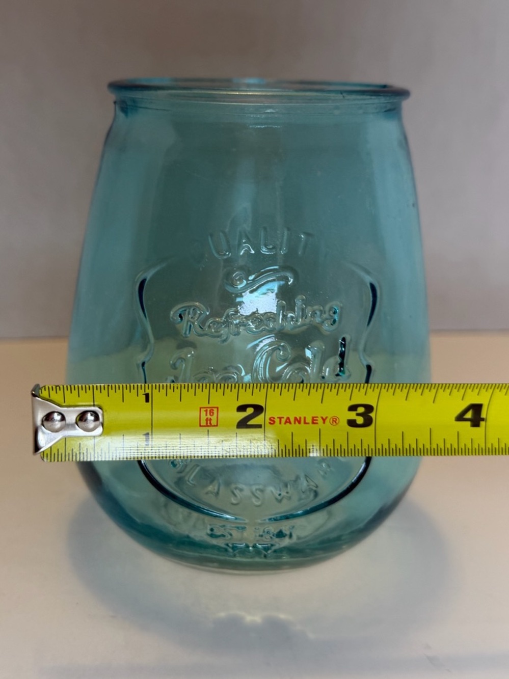 Aqua Blue Embossed Glass Tumbler / Stemless Wine Glass - Ice Cold Drink - Picture 4 of 5